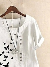 economico Camicie-Camicia da donna in lino blusa grafiche farfalla vintage casual maniche corte collo rotondo top regolari quotidiani per uscire stampa bianca estate primavera