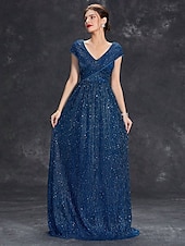 preiswerte BLAU-Kleid Brautmutterkleid Elegant Party V Ausschnitt Bodenlang Chiffon Polyester Kurzarm mit Paillette 2025
