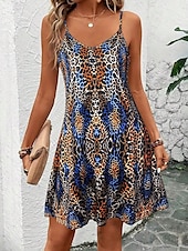 billige Kunst og Design Kjoler-Dame Mini kjole Kjole med A-linje Slipkjole Off The Shoulder-kjole Ferie Fritid Feriereise Daglig Normal Grafisk Leopard Ermeløs V-hals Kongeblå Blå Lilla Grønn Sommer