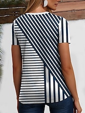 billige Stripe og geometrisk t-skjorte-Dame T skjorte hav Stripet Fritid Kortermet V-hals Vanlige topper Daglig Ut på byen Helg Trykt mønster Blå Sommer