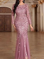 preiswerte Unter 129,99 $-Kleid Mutter der Braut Kleid Elegant Party Rundhalsausschnitt Bodendland Polyester Langarm mit Stickerei 2025