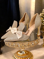 billige Cocktail-gullglittersløyfe høyhælte pumps for kvinner – elegante brudesko med spiss tå