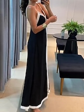 tanie Prosta sukienka-Sukienka damska maxi A-line jednokolorowa sukienka na ramiączkach off the shoulder casual na zewnątrz do wyjścia regularna dopasowana z grafiką bez rękawów spaghetti strap czarna latem