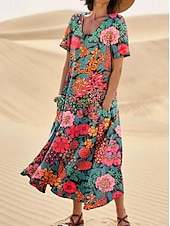 abordables Robes fleuries-Femmes Robe Midi Robe d&#039;Été Robe trapèze Vacances Occasionnel Boho Sortir Plage Graphique Manche Courte Col Rond Frêne Bleu Orange Vert Été Printemps
