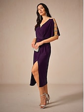 abordables Robe de cocktail-Femmes Longueur du thé Robe Tricot Élégant Soirée Date Coupe régulière Couleur Unie Manche Courte Col en V Aubergine Été