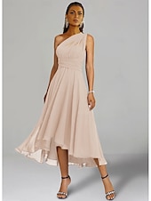 abordables Robes pour invitées de mariage-Robes de Mariage Invité A-Line Robe Élégante Formelle Fête de Mariage Longueur Thé Sans Manches Une Épaule Invité de Mariage Automne Chiffon avec Fronces 2025