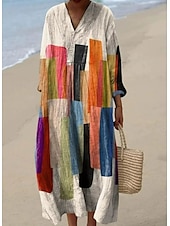 economico Abiti a Strisce e Geometrici-Per donna Abito Midi Vestito Estivo Abito a trapezio Vacanza Casual Boho Uscire Spiaggia Grafico Manica Lunga Scollo a V Giallo Rosso Bianco sporco Cachi Estate Primavera