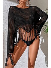 cheap Blouses &amp; Shirts-Women&#039;s Blouse Plain Modern Casual Long Sleeve Crew Neck Regular Tops Daily Holiday Going out Hollow Out Fringe Black White Green Summer