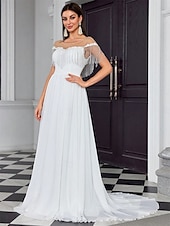 cheap Casual Wedding Dresses-Wedding Dresses Ball Gown Off Shoulder Sleeveless Sweep / Brush Train Chiffon Bridal Gowns With Pleats Solid Color