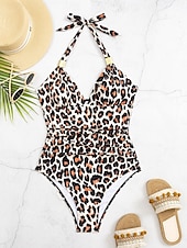 billige Onepiece badedrakter-Kvinne Badetøy Én Del Monokini Badedrakt Ryggløs Magekontroll Høy Midje Slank Ferie Strandklær Solid Farge Leopard Halter Hals Uten Erme Badedrakter