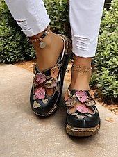 preiswerte Urlaubsandalen-Damen-Clogs aus geblümtem Leder – handgefertigte Slip-On-Pantoletten mit Keilabsatz und Cut-out-Design im Bohème-Stil für Freizeitkleidung und Komfort im Freien