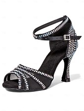 billige Sko til latindans-kvinners glitrende ballroomsandaler - peep toe, mesh-stropper, mellomhæl, latin salsa tango sko for konkurranse og fest