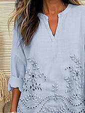 billige Blomstrete topper-Kvinners Bluse Tunika V-hals Langermet Boho Kule Topper 3D Print Grafisk Grunnleggende Vanlige Topper Daglig Knapper Print Rosa Lys Blå