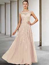 olcso Padlóhossz-A vonalú menyasszonyi anyák ruha esküvői vendég elegáns luxus ékszer nyakú floor length csipke tüll ujjatlan sávval  szalaggal gyöngyözött flitterekkel egyedi méretben