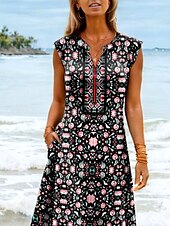 preiswerte Boho Kleider-Damen Maxikleid Sommerkleid A Linie Kleid Urlaub Boho Strand Party Strand Standard Passform Ombre Blumen Grafik Ärmellos V Ausschnitt Schwarz Sommer Frühling