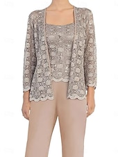 preiswerte Unter 129,99 $-Hosenanzug Mutter der Braut Kleid Elegantes einfaches Rundhals Knöchellang Polyester Langarm mit Spitze Einfarbig