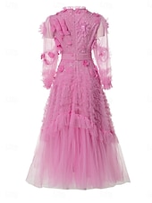 levne Koktejlové šaty-Šaty do A quinceanera růžové šaty květy svatební svatební host maxidélka dlouhý rukáv s kulatým výstřihem s volány