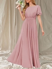 baratos Vestidos para Madrinhas-Vestido de dama de honra em linha A, gola redonda, manga curta, elegante, comprimento até o chão, chiffon com faixa / fita / franzido 2025