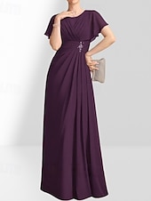billige Gulvlengde-A-linje Mor til bruden Kjole Bryllupsgjester Elegant Crew Hals Gulvlengde Chiffon Korte Ermer med Pynt Rynking