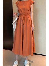 economico disegnare abiti in cotone e lino-Per donna Abito Midi Abiti in cotone e lino Moda Classico Moderno All&#039;aperto Quotidiano Ferie Vestibilità regolare Semplice Senza Maniche Girocollo Nero Verde chiaro Verde militare Blu marino Estate