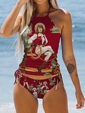 billiga Kentucky Derby-Kvinnors Baddräkter Tankini 2 Delar Cheeky Baddräkt Mage Kontroll Slim Semester Strandkläder Grafisk Bokstav Rund Hals Ärmlösa Baddräkter