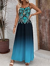 tanie Sukienki boho-Damskie Sukienka maxi Codzienne sukienki Sukienka A line Letnie sukienki Sukienka na ramiączkach Urlop Zabytkowe Etniczne Codzienny Regularny Ombre Graficzny Bez rękawów W serek Niebieski Lato Wiosna