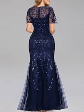 cheap Floor Length-Mermaid / Trumpet Wedding Guest Dresses Elegant Dress Wedding Guest Birthday Floor Length Short Sleeve Crew Neck Tulle with Sequin Embroidery