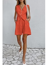 abordables Ensembles-Femmes Mode Streetwear Ensembles inspirés du lin Ensembles deux pièces Chemisier Sans manches Col en V Couleur Unie Dubbele Rij Knopen Sortir Décontracté Quotidien Blanche Bleu Orange Été Coupe
