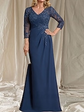 preiswerte Bodenlänge-A-Linie Brautmutter Kleid Hochzeitsgast Elegant V-Ausschnitt Bodenlänge Chiffon 3/4-Länge Ärmel mit Perlenapplikationen