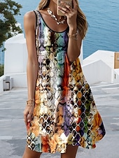 abordables Art &amp; Design Robes-Robe Mini Femme Robe Décontractée Robe d&#039;Été Boho Vacances Décontractée Vacances Quotidienne Fête Ajustement Régulier Graphique Géométrique Boho Sans Manches Col Ronde Arc-en-ciel Été