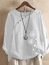cheap Shirts-Women&#039;s Blouse Cotton Linen Shirts Flower Vintage Basic Casual Long Sleeve Crew Neck Regular Tops Daily Going out Buttons Print Black White Light Brown Brown Summer