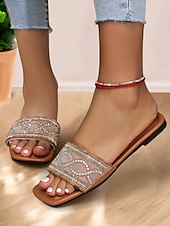 billige Kjole Sandaler-brune rhinestone-utsmykkede slip-on-sandaler – elegante, flate sommersandaler for kvinner