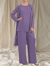 baratos Comprimento do chão-Macacão  Conjunto de Calça 3 Peças Mãe da Noiva Vestido de Convidada de Casamento Elegante Gola Redonda Comprimento Total Chiffon Manga Longa com Babados