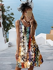 abordables Art &amp; Design Robes-Robe Mini Femme Robe Décontractée Robe d&#039;Été Boho Vacances Décontractée Vacances Quotidienne Fête Ajustement Régulier Graphique Géométrique Boho Sans Manches Col Ronde Arc-en-ciel Été