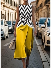 levne Pruhované a geometrické šaty-Dámské Midi šaty Plášťové šaty Bodycon šaty Formální Semiformální šaty Kancelář Denní Běžný Grafika Bez rukávů Tričkový Tmavěhnědá Černá Žlutá Tmavě růžová Léto Jaro