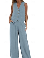 cheap Sets-Women&#039;s Active Basic Linen-Inspired Sets Two Piece Sets Blouse Sleeveless V Neck Solid Color Dubbele Rij Knopen Vacation Casual Daily Black White Wine Summer Regular Fit
