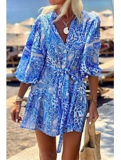 abordables Robes Bohémiennes-Femme Mini robe Robe imprimée Mode du quotidien Vacances Rendez-vous Standard Fleur Manches 3/4 Col V Bleu Eté