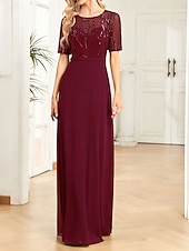 abordables Moins de 129,99 $-Robe pour mère de la mariée élégante robe de soirée décolleté rond longueur sol en chiffon spandex à manches courtes avec sequins