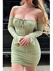 cheap White Graduation Dresses-Women&#039;s Mini Dress White Dress Graduation Dress Bodycon Elegant Fashion Birthday Graduation Date Regular Fit Plain Long Sleeve Off Shoulder Black White Light Green Wine Summer