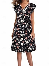 abordables Robes fleuries décontractées-Femmes Robe Midi Robe ajustée et évasée Élégant ancien Coupe régulière Vintage Manche Courte Col en V Noir Bleu de minuit Été Printemps