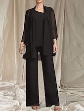 preiswerte Bodenlänge-Jumpsuit  Hosenanzug 3-teilig Kleid der Mutter der Braut Hochzeitsgast Elegantes gewelltes Dekolleté bodenlang Chiffon 3/4-lange Ärmel mit Perlen
