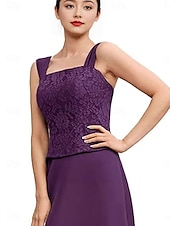 cheap Under $129.99-Dress Sets Mother of the Bride Dress Elegant Simple Scoop Neck Tea Length Chiffon Polyester Lace Long Sleeve with Lace Solid Color