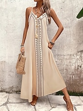 levne Boho šaty-Dámské Maxi šaty Letní šaty Áčkové šaty Slip Dress prázdniny Na běžné nošení Jdeme ven Plážové Běžný Grafika Geometrický Bez rukávů Do V Khaki Léto Jaro