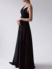 ieftine Rochii de Seară-Rochie de Seară A-Line Rochie Elegantă pentru Petrecere de Seară Lungime până la Pământ Fără Mânecă Decolteu în V Bumbac Fără Spate cu Fisură Mâneci Sifonate