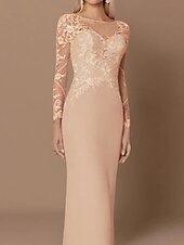 abordables Longueur du plancher-Robe de mère de la mariée en silhouette ajustée pour invitée de mariage élégante transparente col bijou longueur sol dentelle manches longues avec appliques taille personnalisée gratuite