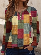 billige Stripe og geometrisk t-skjorte-Dame T skjorte Geometrisk Fritid Langermet Hals med hakk Vanlige topper Daglig Trykt mønster Blå Brun Regnbue Vår Høst