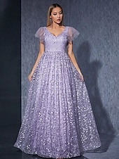 preiswerte Unter 129,99 $-Kleid Mutter der Braut Kleid elegantes lässiges V-Ausschnitt bodenlang Polyester Kurzarm mit Blume