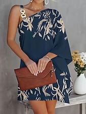 preiswerte Blumenkleid-Damen Mini Kleid Shift-Kleid Off-the-Shoulder Kleid Lässig Glockenärmel Urlaub Straße Lässig reguläre Passform Grafik Langarm asymmetrisch Schwarz und Weiß Schwarz Marineblau Orange