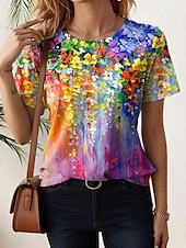 cheap Floral tee-Women&#039;s T Shirt Floral Casual Short Sleeve Round Neck Regular Tops Daily Print Black White Light Green Blue Purple Summer