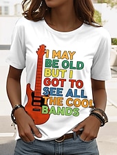 baratos Camiseta de Humor &amp; Citações-Festival de Música Mulheres Camiseta Gráfico Letra à moda Casual Manga Curta Decote Redondo Tops regulares Traje de festa para noite Diário Final de semana Imprimir Preto Branco Verão Primavera
